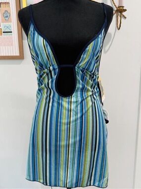 Y2K Striped Open Back Lingerie Mini Dress Blue Green XL Deadstock Women XL